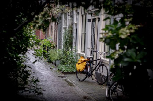 A narrow, cobblestone alley bordered by lush greenery. Two bicycles, one with a yellow bag, lean against a white building with tall windows. Despite its quaint and peaceful vibe, whispers of a sidewalk accident linger in the air.